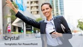  Presentation with taxi - Amazing presentation theme having business woman catching taxi backdrop and a light blue colored foreground