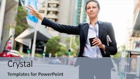  Presentation with taxi - Slide deck consisting of business woman catching taxi background and a light blue colored foreground