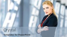  Presentation with black business - PPT theme consisting of portrait of business woman photo with office building on background woman in red shirt and black suit background and a light blue colored foreground