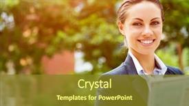  Presentation with young business woman smile show - PPT theme having portrait of business woman smiling background and a tawny brown colored foreground