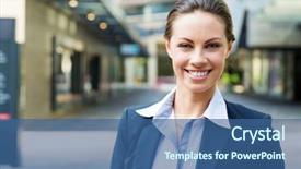  Presentation with young business woman smile show - PPT layouts enhanced with portrait of business woman smiling background and a ocean colored foreground
