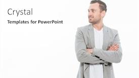  Presentation with broad - Cool new PPT theme with portrait of businesslike man in jacket posing on camera with broad smile keeping arms folded and looking aside isolated over white wall copy space backdrop and a white colored foreground