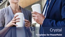  Presentation with cup coffee - Cool new PPT theme with portrait-of-businessman-and-businesswoman backdrop and a ocean colored foreground