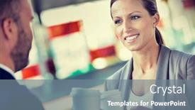  Presentation with cup coffee - Amazing presentation theme having portrait-of-businessman-and-businesswoman backdrop and a gray colored foreground