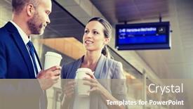  Presentation with coffee cup - Cool new slide deck with portrait-of-businessman-and-businesswoman backdrop and a coral colored foreground