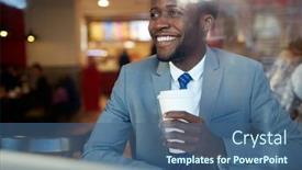  Presentation with looking glass - Cool new PPT theme with portrait-of-businessman-drinking-coffee backdrop and a ocean colored foreground