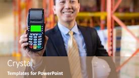  Presentation with merger - Slides featuring portrait-of-businessman-hold-credit background and a coral colored foreground