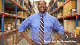  Presentation with warehouse - PPT theme featuring portrait of businessman in warehouse background and a tawny brown colored foreground