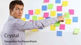  Presentation with sticky notes - Beautiful presentation design featuring portrait of businessman pointing at wall of sticky notes backdrop and a light gray colored foreground