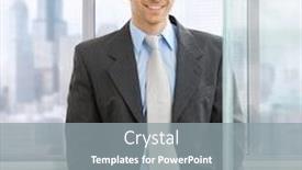  Presentation with front office - Theme consisting of portrait of businessman standing with hands in pocket in front of office windows smiling background and a gray colored foreground