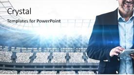  Presentation with computer burn - PPT layouts with portrait of businessman using tablet background and a pink colored foreground