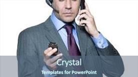  Presentation with telephone mobile - PPT layouts with portrait of businessman wearing headset and using mobile phone busy with multiple telephone in studio isolated white background background and a ocean colored foreground