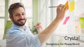  Presentation with creative writing - Beautiful slide deck featuring portrait of businessman writing on adhesive notes at creative office backdrop and a soft green colored foreground