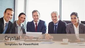  Presentation with conference table - PPT theme having portrait of businesspeople in conference background and a  colored foreground