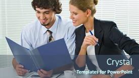  Presentation with reading table - Audience pleasing theme consisting of portrait of businesspeople sitting at the table and reading paperwork backdrop and a ocean colored foreground
