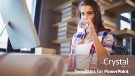  Presentation with benefits of drinking water - Presentation having portrait of businesswoman drinking water at computer desk in creative office background and a coral colored foreground