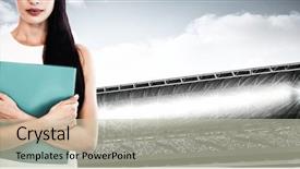  Presentation with file cabinets - Colorful slide set enhanced with portrait of businesswoman holding file backdrop and a soft green colored foreground