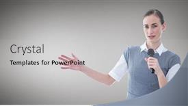  Presentation with public speaking - Colorful slides enhanced with portrait of businesswoman public speaking on microphone against grey background backdrop and a light gray colored foreground