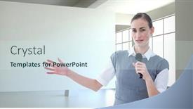  Presentation with public speaking - Presentation theme consisting of portrait-of-businesswoman-public-speaking background and a sky blue colored foreground