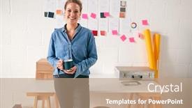  Presentation with front desk - Presentation theme featuring portrait-of-businesswoman-standing background and a coral colored foreground