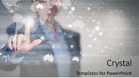  Presentation with virtual - Presentation design consisting of portrait of businesswoman touching virtual background and a light gray colored foreground