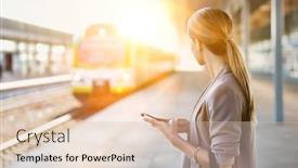  Presentation with station - PPT theme enhanced with portrait-of-businesswoman-using-smartphone background and a lemonade colored foreground