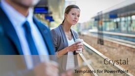  Presentation with waiting - PPT theme having portrait-of-businesswoman-using-smartphone background and a coral colored foreground