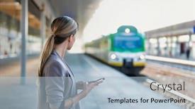  Presentation with waiting - Beautiful PPT layouts featuring portrait-of-businesswoman-using-smartphone backdrop and a light blue colored foreground