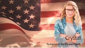  Presentation with united states flag - Colorful slide set enhanced with portrait of businesswoman wearing eyeglasses with arms crossed against composite image of digitally generated united states national flag backdrop and a coral colored foreground