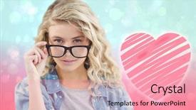  Presentation with blue design - Beautiful PPT theme featuring portrait of businesswoman wearing eyeglasses posing against blue and pink light spot design backdrop and a coral colored foreground