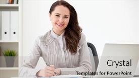  Presentation with document in clinical research - PPT theme having portrait of businesswoman with laptop background and a  colored foreground