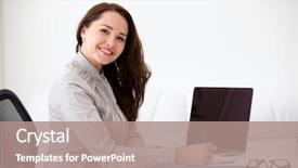  Presentation with laptop - Cool new presentation design with portrait of businesswoman with laptop backdrop and a coral colored foreground