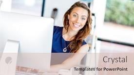  Presentation with desk - Slide deck featuring portrait-of-businesswoman-working background and a lemonade colored foreground