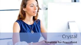  Presentation with desk - Presentation design enhanced with portrait-of-businesswoman-working background and a light blue colored foreground