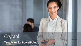  Presentation with text message - Theme consisting of portrait-of-businesswoman-writing background and a dark gray colored foreground