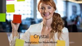  Presentation with creative writing - PPT layouts featuring portrait of businesswoman writing on adhesive notes stuck to glass in creative office background and a coral colored foreground