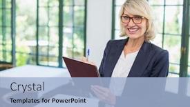  Presentation with diary - PPT theme featuring portrait of businesswoman writing on diary in a restaurant background and a light blue colored foreground