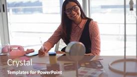  Presentation with creative writing - Amazing slide set having portrait of businesswoman writing on paper at creative office desk backdrop and a violet colored foreground