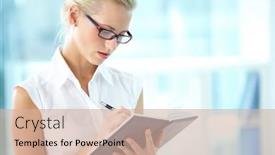  Presentation with secretary - Beautiful slide set featuring portrait of busy secretary making notes in notepad backdrop and a soft green colored foreground