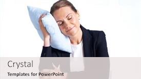  Presentation with isolation - Cool new presentation design with portrait of calm businesswoman sleeping on pillow in isolation backdrop and a white colored foreground
