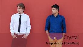  Presentation with pink business - Cool new presentation theme with portrait-of-casual-multiethnic-startup backdrop and a red colored foreground