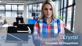  Presentation with social distancing - PPT layouts featuring portrait-of-caucasian-businesswoman background and a ocean colored foreground