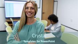  Presentation with office room - PPT theme having portrait-of-caucasian-businesswoman background and a ocean colored foreground
