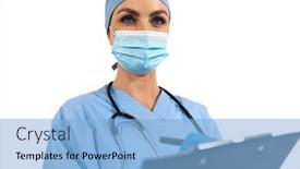  Presentation with surgical gloves - Theme consisting of portrait-of-caucasian-female-surgeon background and a light blue colored foreground