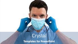  Presentation with surgical gloves - PPT layouts featuring portrait-of-caucasian-male-surgeon background and a teal colored foreground