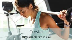  Presentation with barbell - PPT theme featuring portrait of caucasian sportswoman in tracksuit doing exercises with barbell while working out in gym background and a lemonade colored foreground