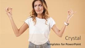  Presentation with fingers - Cool new slide deck with portrait of caucasian woman dressed in casual clothes wondering and looking at copyspace in her fingers isolated over beige background in studio backdrop and a lemonade colored foreground