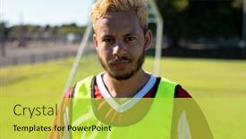  Presentation with soccer - Presentation theme consisting of portrait-of-caucasian-young-male background and a yellow colored foreground