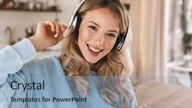  Presentation with music headphones - Amazing PPT theme having wearing headphones smiling and rejoicing backdrop and a  colored foreground
