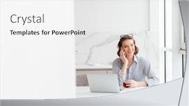  Presentation with hot tea - Amazing theme having portrait of charming happy brunette girl talking on mobile phone while sitting and holding cup of hot tea indoors backdrop and a white colored foreground